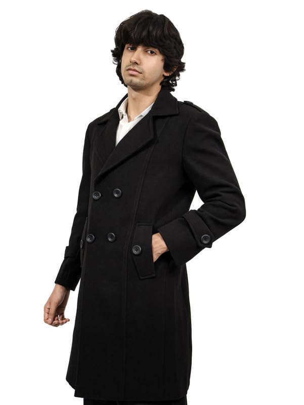 Men's Black Breasted Wool Blend Overcoat